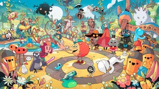 Comic-style art showing Devolver mascot Volvy surrounded by characters from various Devolver games like Plucky Squire, Hotline Miami, Cult of the Lamb, Enter the Gungeon, Baby Steps, and lots more