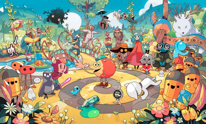 Comic-style art showing Devolver mascot Volvy surrounded by characters from various Devolver games like Plucky Squire, Hotline Miami, Cult of the Lamb, Enter the Gungeon, Baby Steps, and lots more