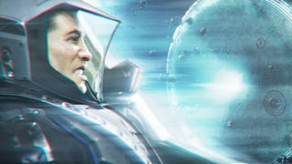 Exodus promo art showing an astronaut gritting his teeth and going through time dilation as his ship jumps to light speed