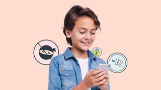 Promotional image for Yoti facial age estimation technology showing a child holding a smartphone with three bubbles around him showing a padlock, a sad ninja, and a "-18"