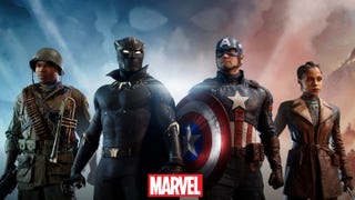 Marvel 1943: Rise of Hydra art showing Black Panther, Captain America, and two other characters standing against a backdrop where the Hydra skull logo can be faintly seen