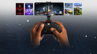 Image of hands holding an Xbox controller with a phone clip attached. The phone shows teh Xbox dashboard with Starfield on it. Images for Diablo 4, Ghostwire Tokyo, Forza Motorsport, and Minecraft are on either side. The background is a gradient shifting from light gray at the top to dark gray at the bottom, with lines and dots evoking topographical maps and star charts