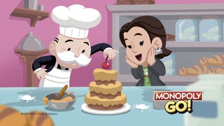 Monopoly Go promotional art for the Baking Partners event showing Rich Uncle Moneybags in a kitchen putting a cherry on top of a three-tier cake as Ms. Monopoly happily looks on