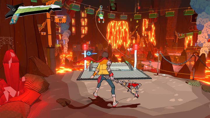 Hi-Fi Rush screenshot showing the protagonist in a cave level flooded with lava and lava flowing from the walls and billowing smoke