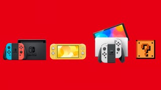 Nintendo Switch, Switch Lite, Switch OLED and a Mario question block against a red background